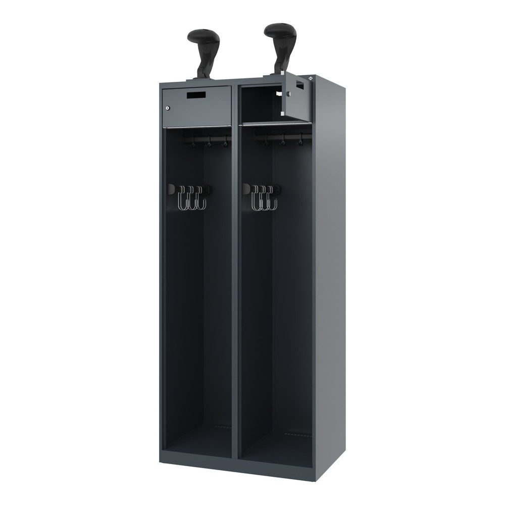 Feuerwehrspind C+P Evolo PRAKTUS, 2 Abteile, Helmhalter, mit Sockel, Bodengleiter, B 800 x T 500 x H 1850 mm, RAL 7016 Anthrazitgrau