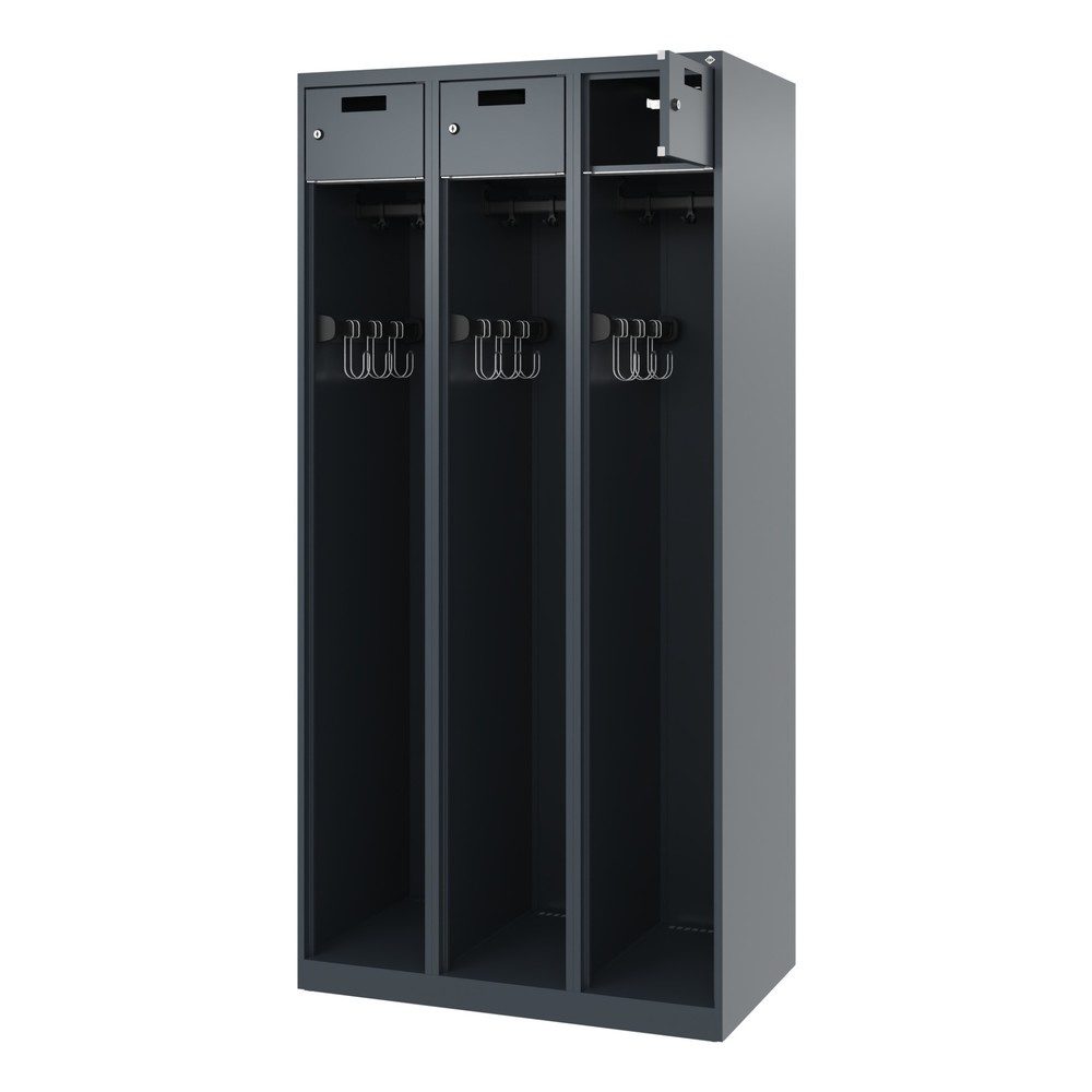 Feuerwehrspind C+P Evolo PRAKTUS, 3 Abteile, mit Sockel, Bodengleiter, B 900 x T 500 x H 1850 mm, RAL 7016 Anthrazitgrau