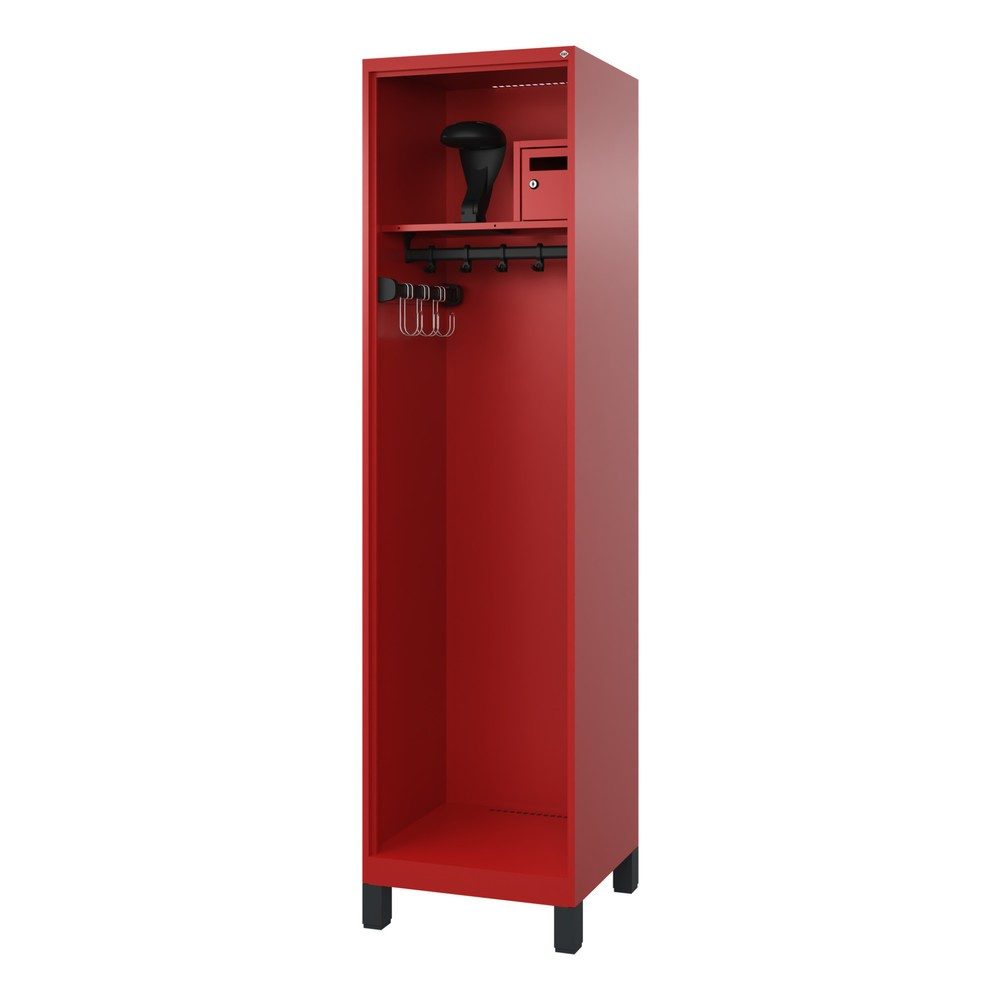 Feuerwehrspind C+P Evolo Flexo, 1 Abteil, Helmhalter, mit Füssen, B 500 x T 500 x H 1950 mm, RAL 3000 Feuerrot/RAL 7021 Schwarzgrau