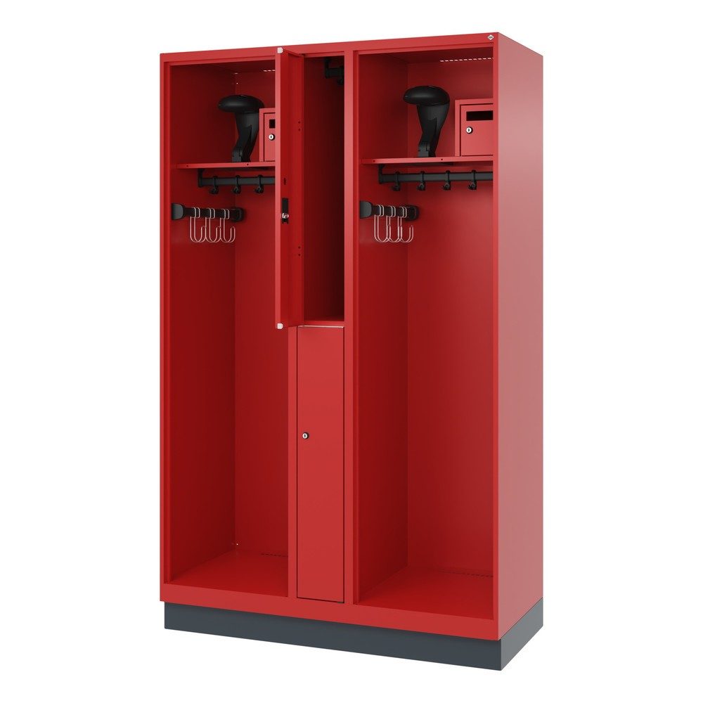 Feuerwehrspind C+P Evolo Maxi, 4 Abteile für 2 Personen, mit Helmhalter, mit Sockel, B 1200 x T 500 x H 1950 mm, RAL 3000 Feuerrot/RAL 7016 Anthrazitgrau
