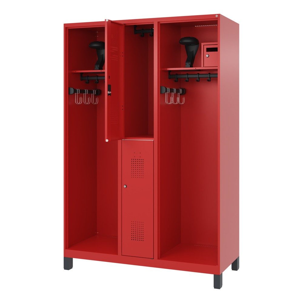 Feuerwehrspind C+P Evolo Maxi, 4 Abteile für 2 Personen, mit Helmhalter, mit Füssen, B 1300 x T 500 x H 1950 mm, RAL 3000 Feuerrot/RAL 7021 Schwarzgrau