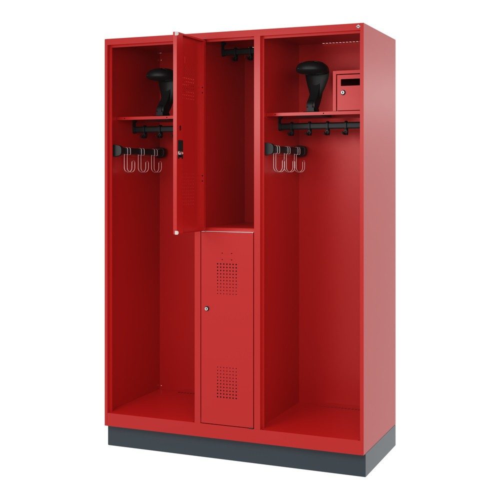 Feuerwehrspind C+P Evolo Maxi, 4 Abteile für 2 Personen, mit Helmhalter, mit Sockel, B 1300 x T 500 x H 1950 mm, RAL 3000 Feuerrot/RAL 7016 Anthrazitgrau