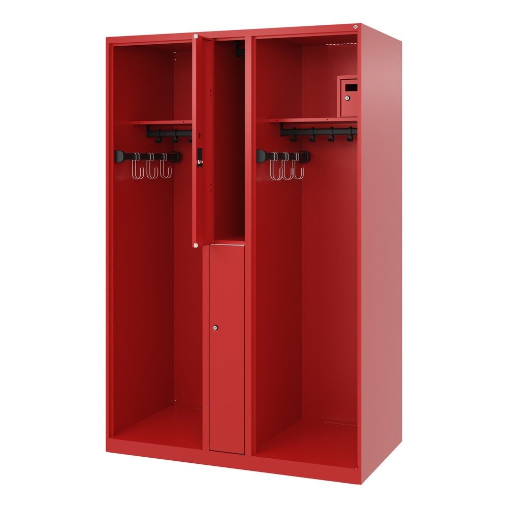 Feuerwehrspind C+P Evolo Maxi, 4 Abteile für 2 Personen, ohne Helmhalter, Bodengleiter, B 1200 x T 500 x H 1850 mm, RAL 3000 Feuerrot