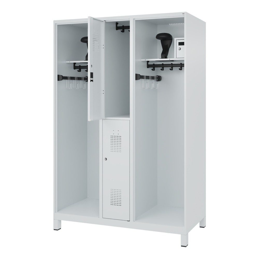 Feuerwehrspind C+P Evolo Maxi, 4 Abteile für 2 Personen, mit Helmhalter, mit Füssen, B 1300 x T 600 x H 1950 mm, RAL 7035 Lichtgrau
