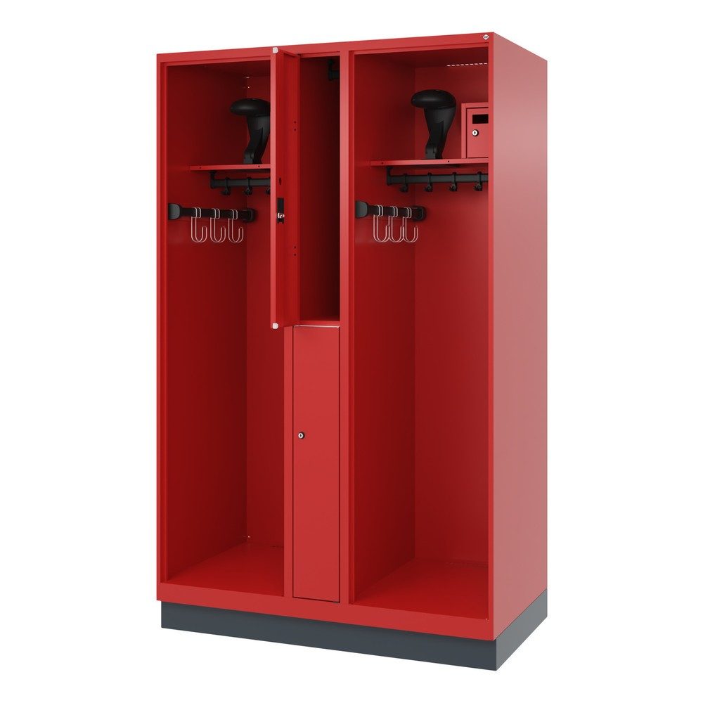 Feuerwehrspind C+P Evolo Maxi, 4 Abteile für 2 Personen, mit Helmhalter, mit Sockel, B 1200 x T 600 x H 1950 mm, RAL 3000 Feuerrot/RAL 7016 Anthrazitgrau