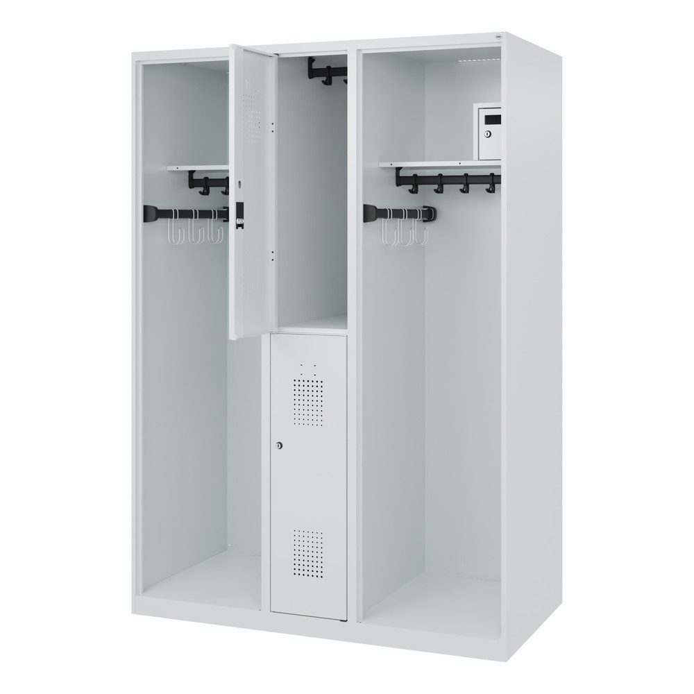 Feuerwehrspind C+P Evolo Maxi, 4 Abteile für 2 Personen, ohne Helmhalter, Bodengleiter, B 1300 x T 600 x H 1850 mm, RAL 7035 Lichtgrau