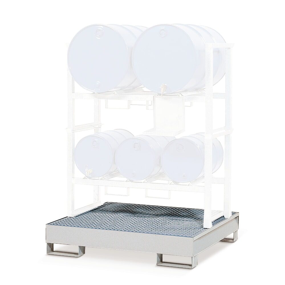 asecos® Regalboden-Auffangwanne aus Stahl, für Fassregale, unterfahrbar, HxBxT 270 x 1.340 x 1.260 mm