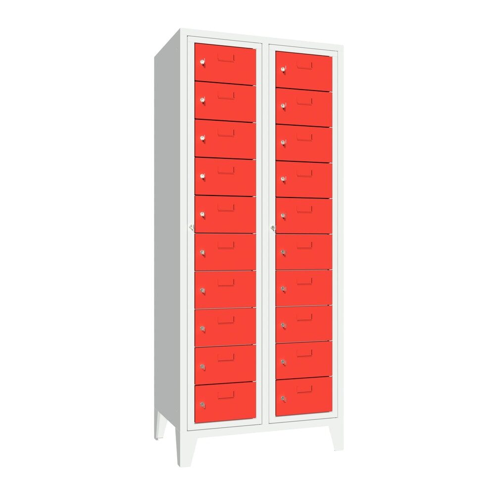 PAVOY Schliessfachschrank mit Zentraltür, 2 x 10 Fächer, HxBxT 1.850 x 770 x 500 mm, mit Füssen, feuerrot, lichtgrau