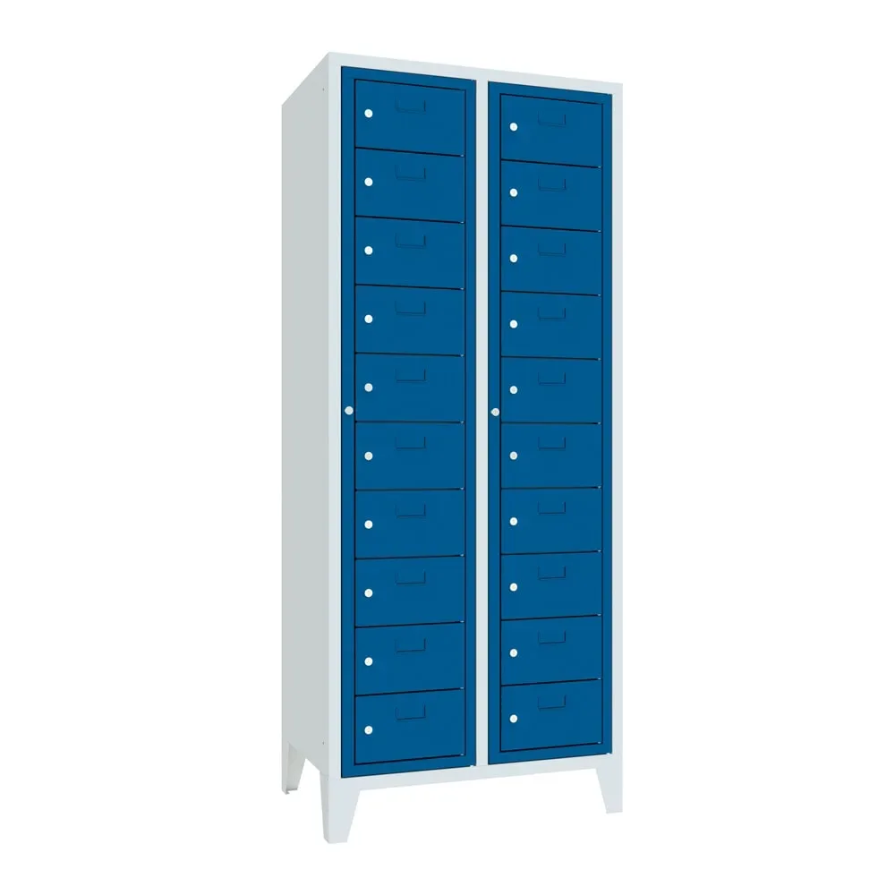 PAVOY Schliessfachschrank mit Zentraltür, 2 x 10 Fächer, HxBxT 1.850 x 770 x 500 mm, mit Füssen, enzianblau, lichtgrau