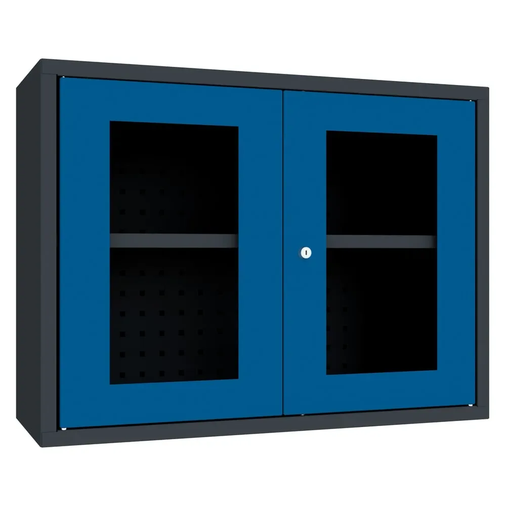 PAVOY Hängeschrank mit Sichtfenster, HxBxT 600 x 800 x 300 mm, Lochrückwand, enzianblau, anthrazitgrau