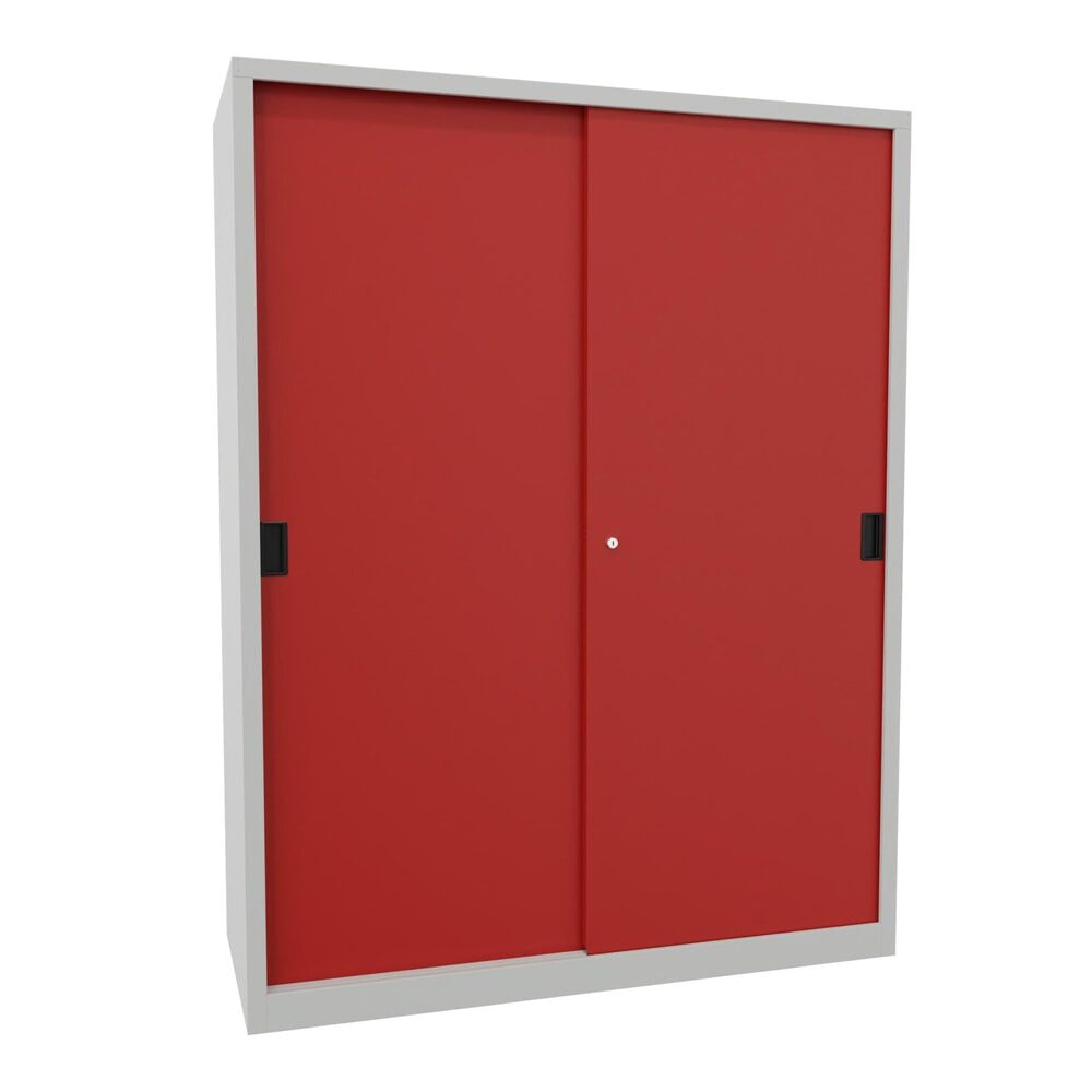 PAVOY Schiebetürenschrank mit 8 Fachböden + Trennwand, HxBxT 1.950 x 1.500 x 600 mm, feuerrot, lichtgrau
