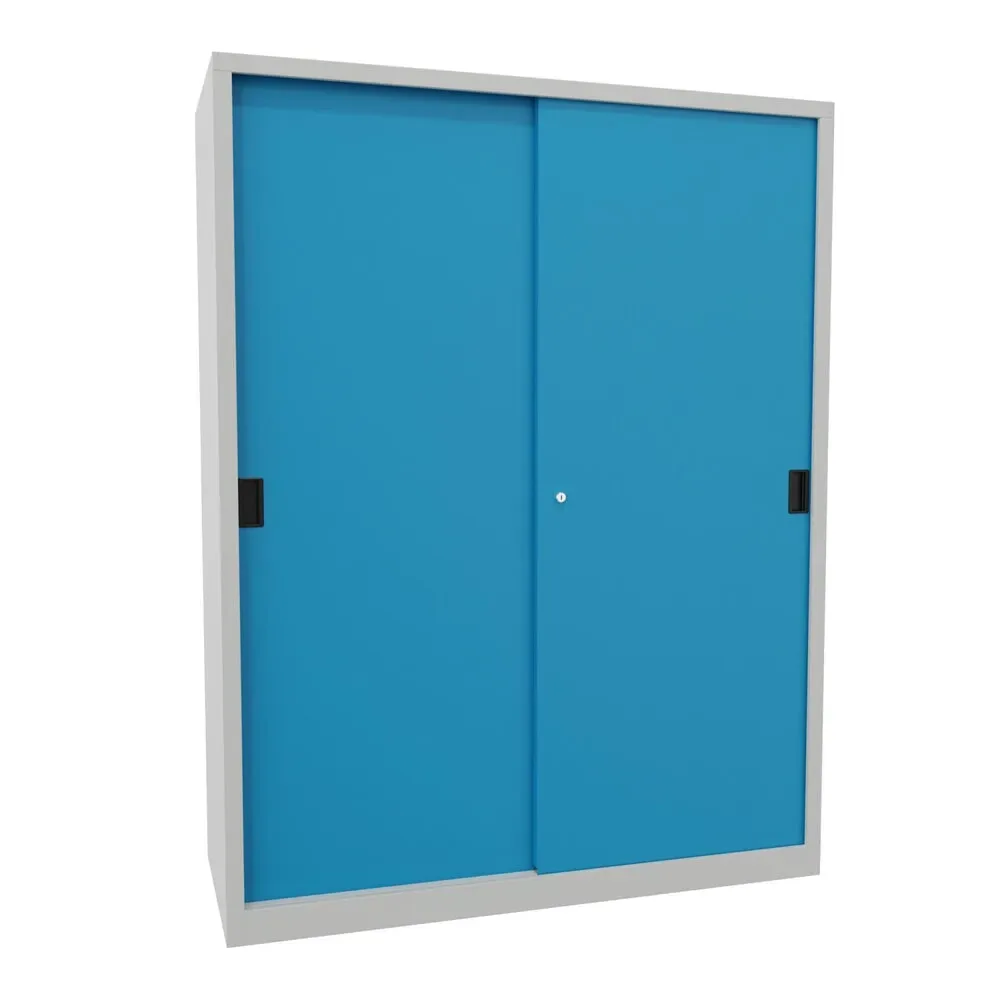 PAVOY Schiebetürenschrank mit 8 Fachböden + Trennwand, HxBxT 1.950 x 1.500 x 600 mm, lichtblau, lichtgrau