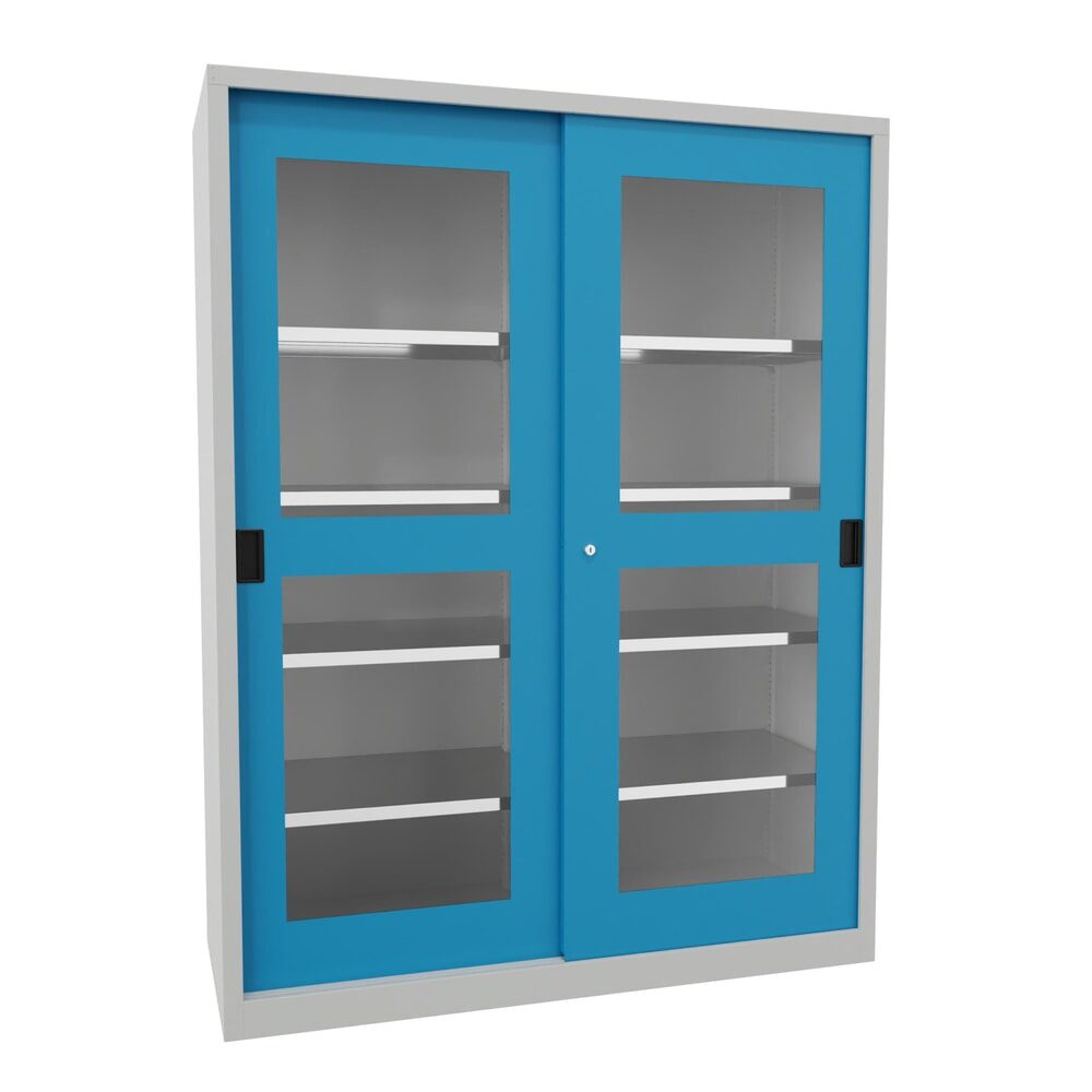 PAVOY Schiebetürenschrank mit Sichtfenstern, 8 Fachböden + Trennwand, HxBxT 1.950 x 1.500 x 600 mm, lichtblau, lichtgrau