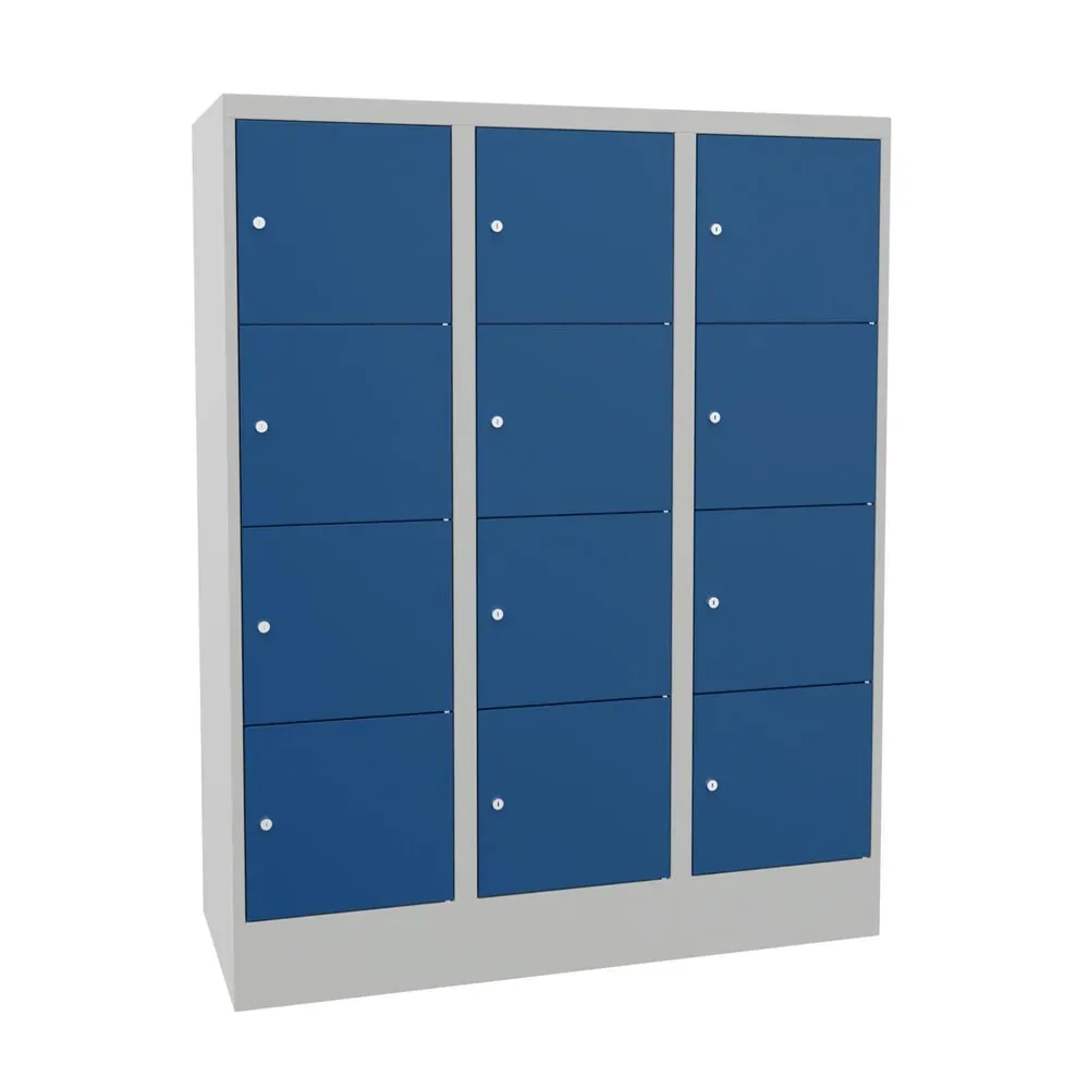 PAVOY Schliessfachschrank mit Zylinderschloss, 3 x 4 Fächer, HxBxT 1.518 x 1.200 x 500 mm, enzianblau, lichtgrau