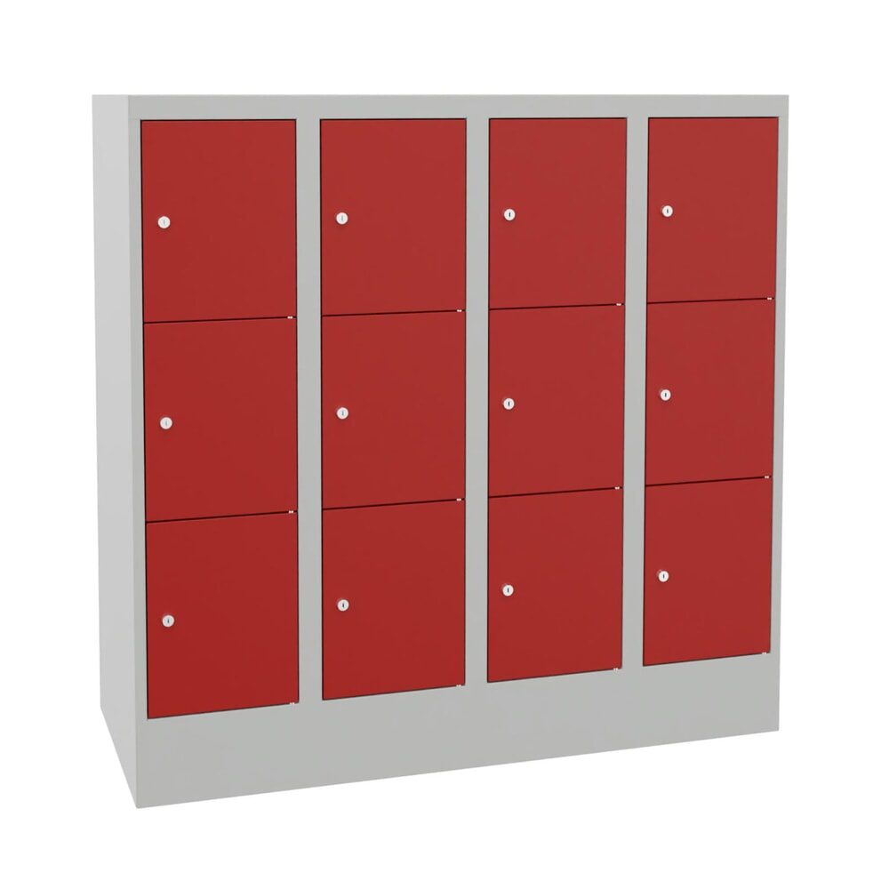 PAVOY Schliessfachschrank mit Zylinderschloss, 4 x 3 Fächer, HxBxT 1.187 x 1.200 x 500 mm, feuerrot, lichtgrau
