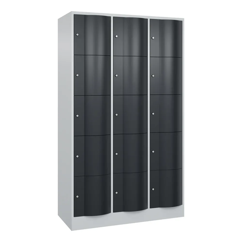 C+P Schliessfachschrank Resisto, 3 Abteile, 15 Fächer, B 1148 x T 540 x H 1950 mm, Lichtgrau/Anthrazitgrau