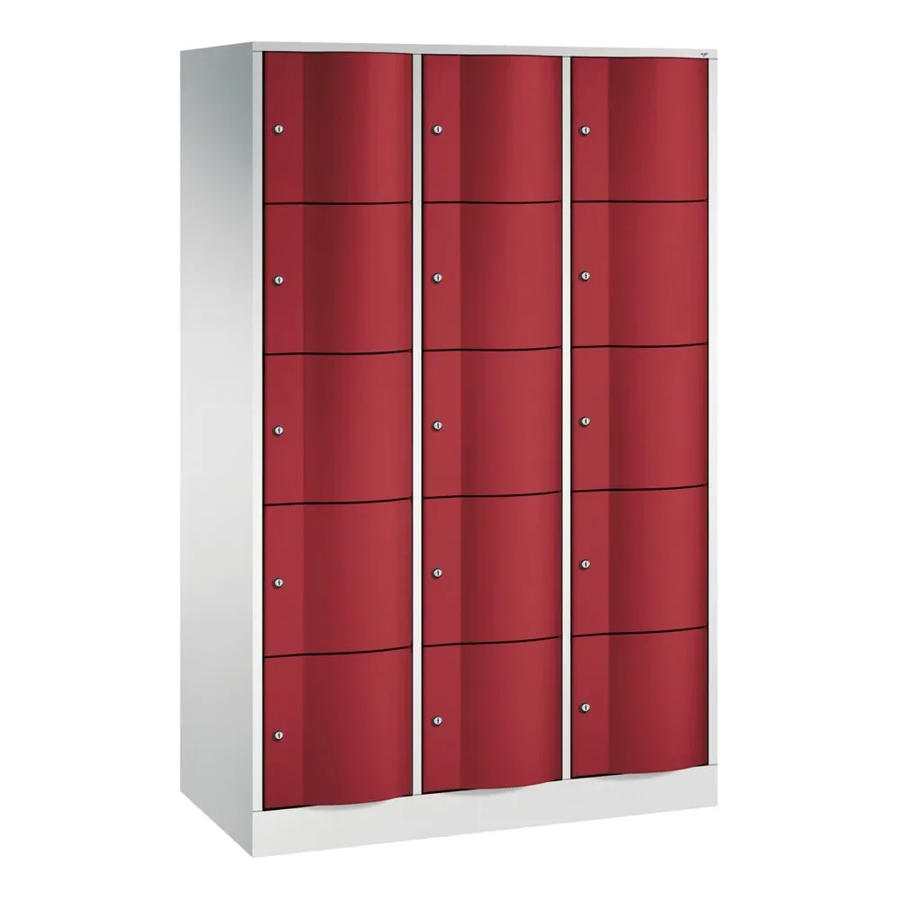 C+P Schliessfachschrank Resisto, 3 Abteile, 15 Fächer, B 1148 x T 540 x H 1950 mm, Lichtgrau/Rubinrot