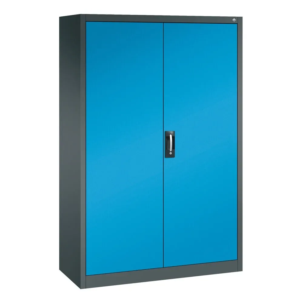 C+P Werkstatt-Flügeltürschrank mit Mittelwand + 8 Fachböden, HxBxT 1.950 x 1.200 x 500 mm, anthrazitgrau, lichtblau