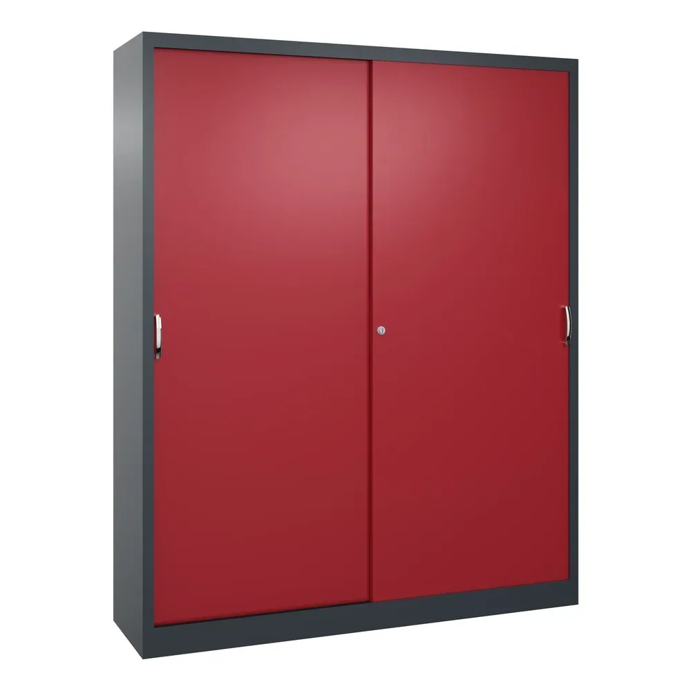 C+P Werkstatt-Schiebetürenschrank mit 8 Fachböden, HxBxT 1.950 x 1.600 x 400 mm, Trennwand, anthrazitgrau, rubinrot