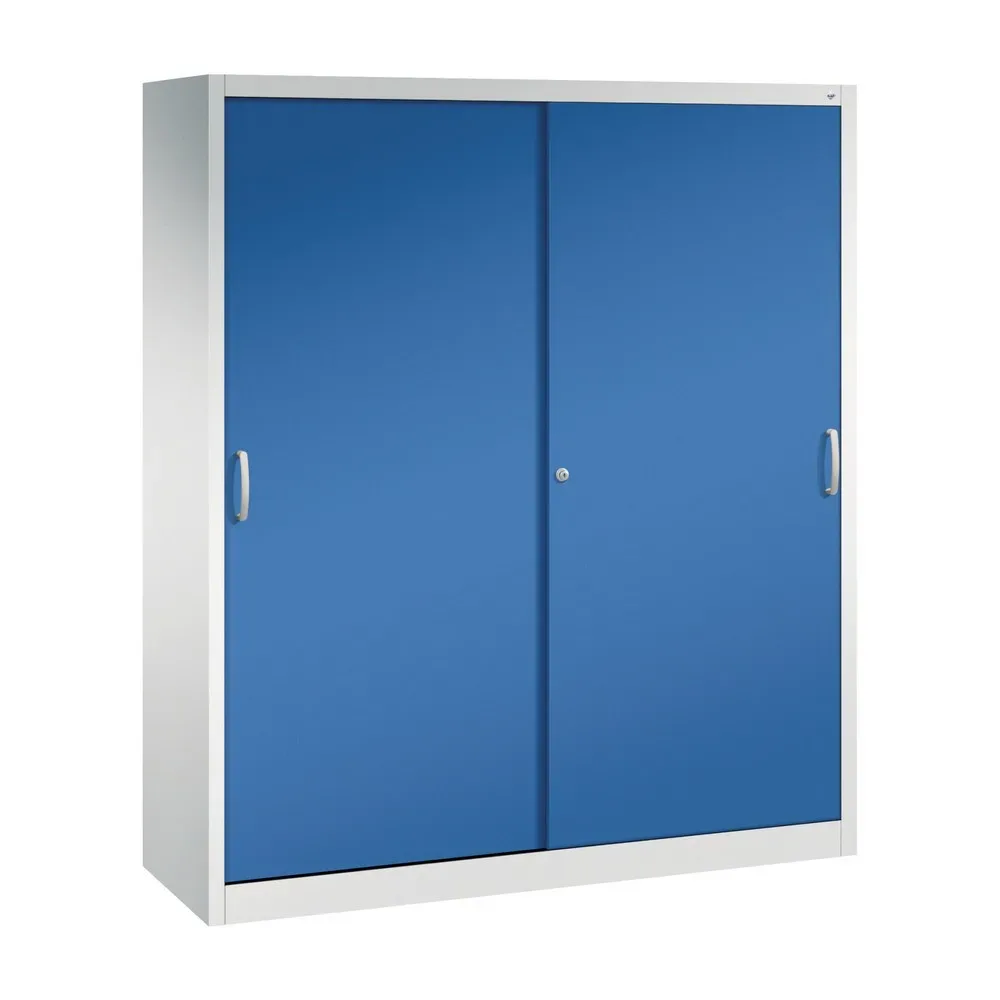 C+P Werkstatt-Schiebetürenschrank mit 8 Fachböden, HxBxT 1.950 x 1.600 x 500 mm, Trennwand, lichtgrau, enzianblau