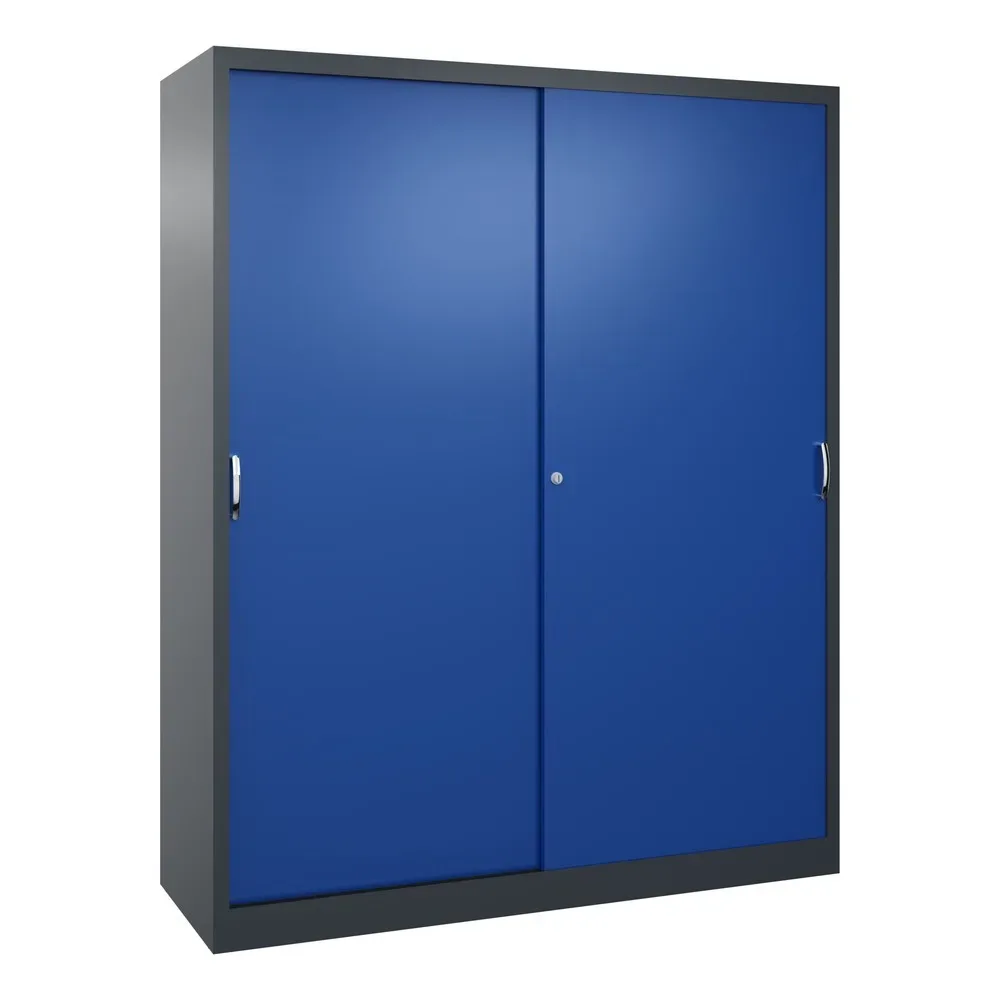 C+P Werkstatt-Schiebetürenschrank mit 8 Fachböden, HxBxT 1.950 x 1.600 x 500 mm, Trennwand, anthrazitgrau, enzianblau