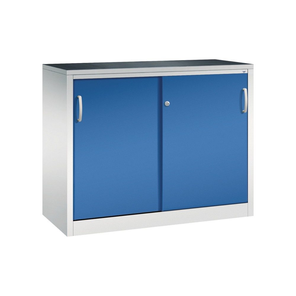C+P Schwerlast-Schiebetürenschrank, HxBxT 1.000 x 1.200 x 500 mm, 1 Fachboden, lichtgrau, enzianblau