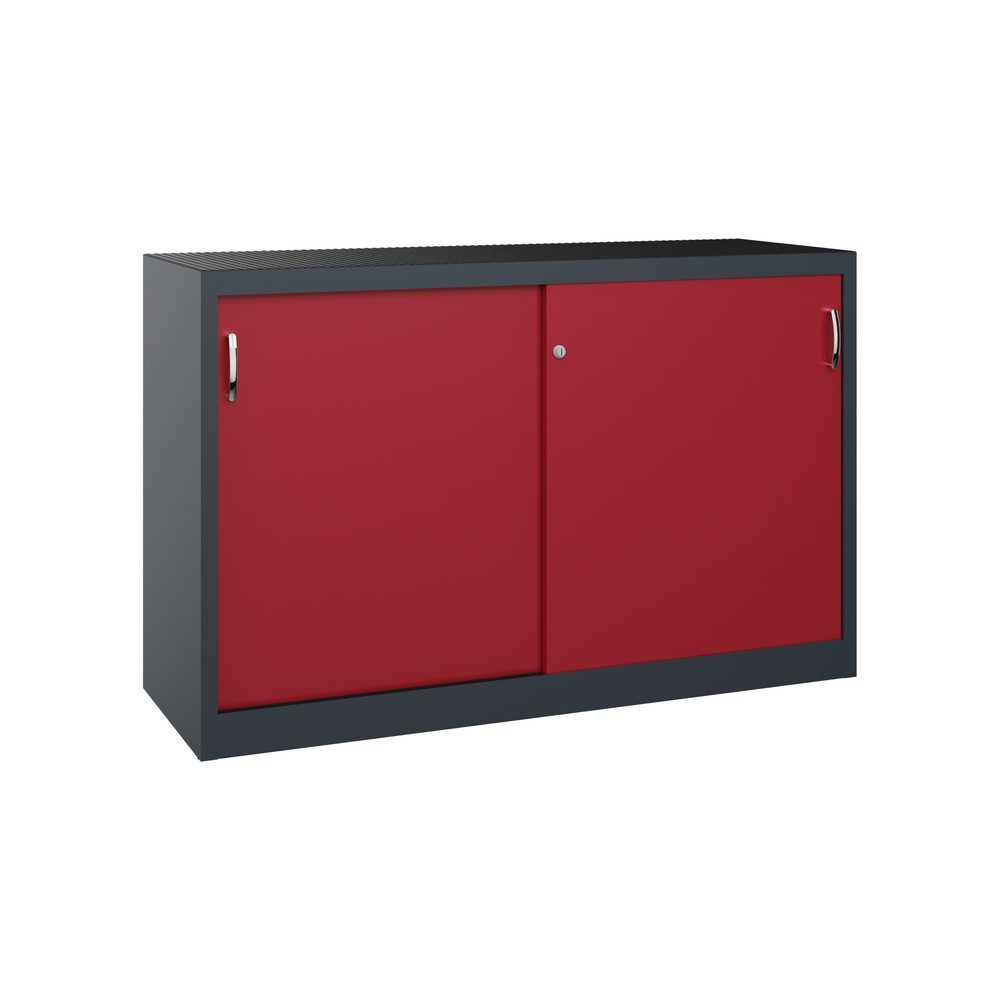 C+P Schwerlast-Schiebetürenschrank, HxBxT 1.000 x 1.600 x 500 mm, 2 Fachböden, anthrazitgrau, rubinrot