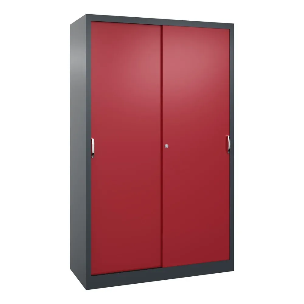 C+P Schwerlast-Schiebetürenschrank, HxBxT 1.950 x 1.200 x 500 mm, 4 Fachböden, anthrazitgrau, rubinrot