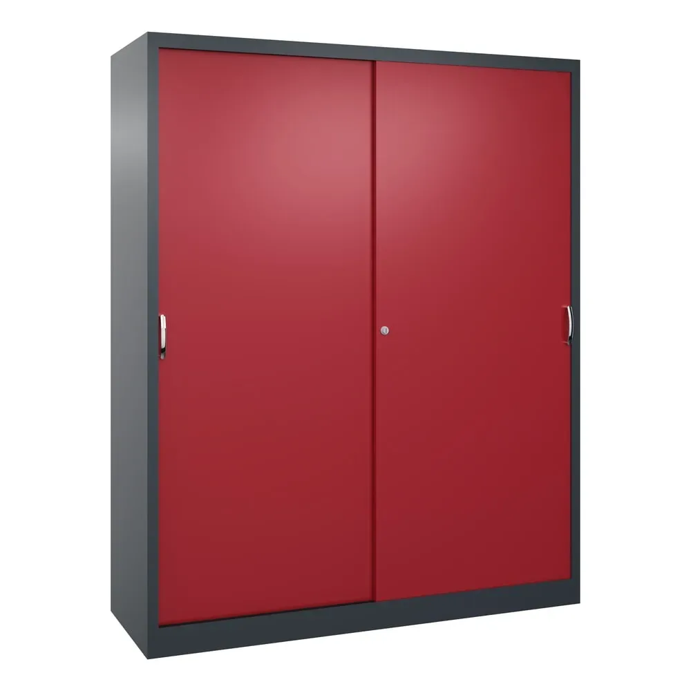 C+P Schwerlast-Schiebetürenschrank, HxBxT 1.950 x 1.600 x 500 mm, 8 Fachböden, anthrazitgrau, rubinrot