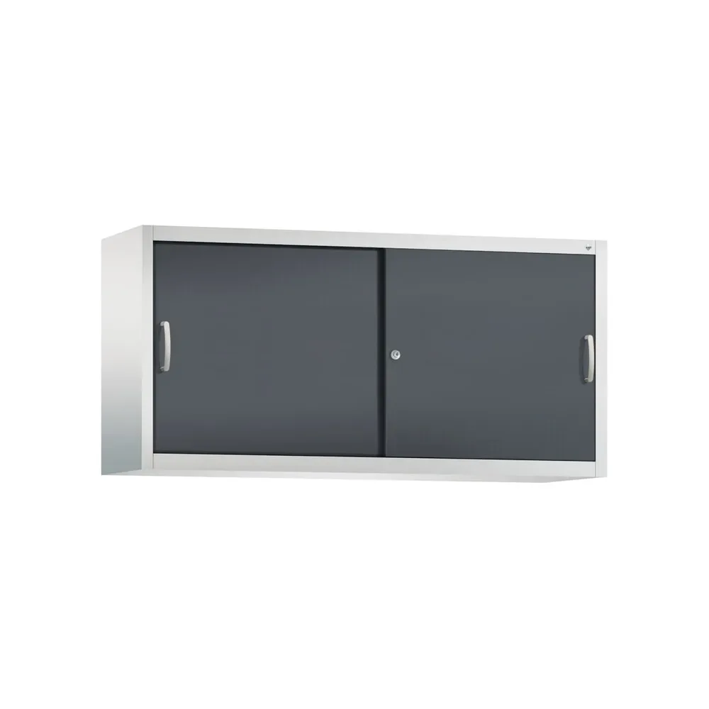 Aufsatzschrank für C+P Werkstatt-Schiebetürenschrank, 2 Fachböden, HxBxT 790 x 1.600 x 400 mm, Trennwand, lichtgrau, schwarzgrau