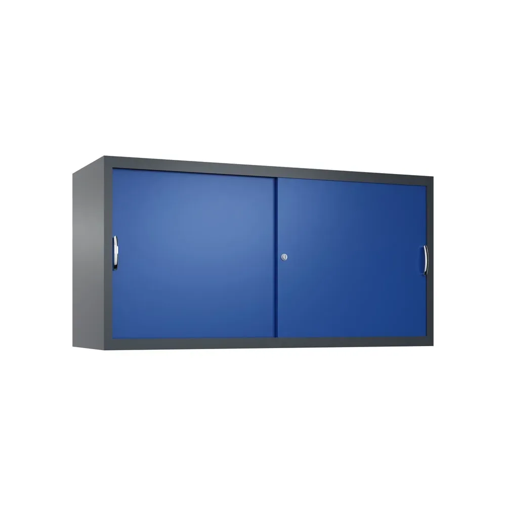Aufsatzschrank für C+P Werkstatt-Schiebetürenschrank, 2 Fachböden, HxBxT 790 x 1.600 x 500 mm, Trennwand, anthrazitgrau, enzianblau