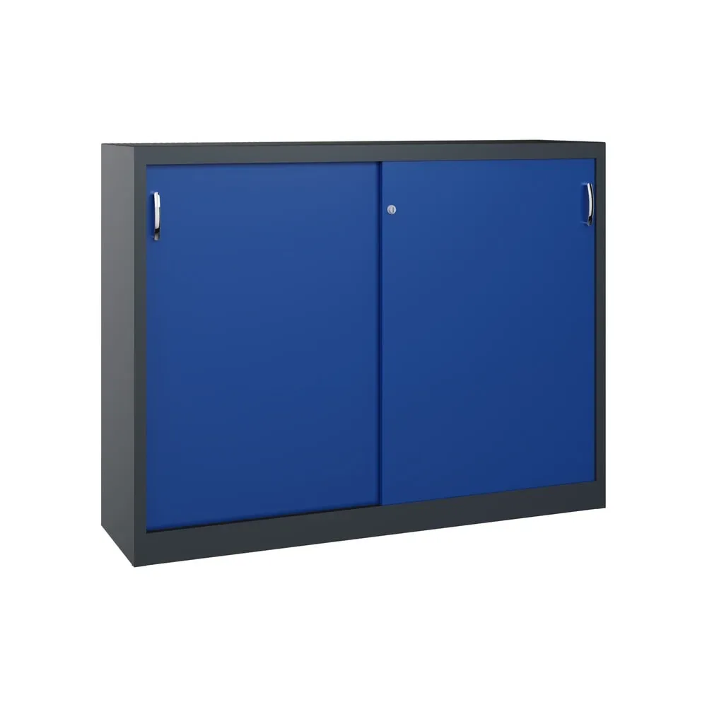C+P Werkstatt-Beistellschrank mit 4 Fachböden, HxBxT 1.200 x 1.600 x 400 mm, Trennwand, anthrazitgrau, enzianblau