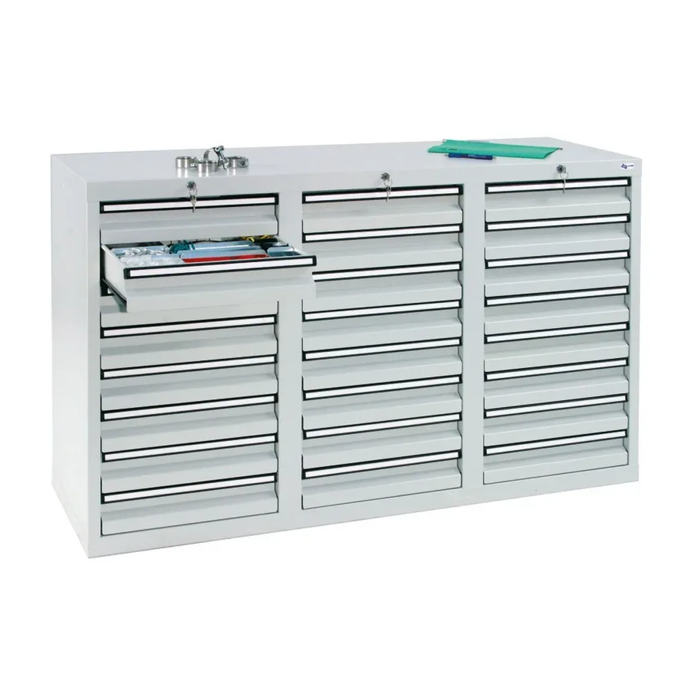 kaiserkraft Schubladenschrank, HxBxT 900 x 1500 x 500 mm, 24 Schubladen 100 mm hoch, Korpus und Schubladen grau