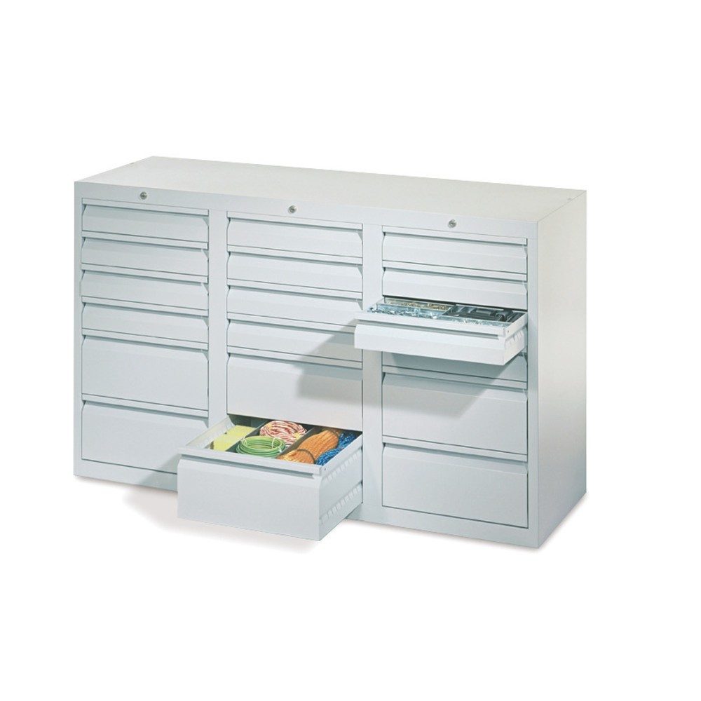 PAVOY Leichter Schubladenschrank, Gleitführung, Schubladen 12x100 + 6x200 mm, Breite 1.500 m, reinweiss, reinweiss