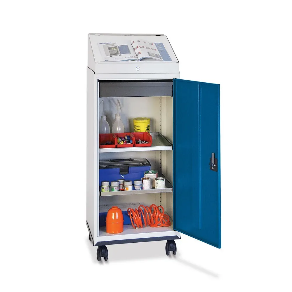 stumpf® Mobiler Werkstatt-Flügeltürschrank mit Schreibpult + 1 Schublade + 2 Wannen, grau