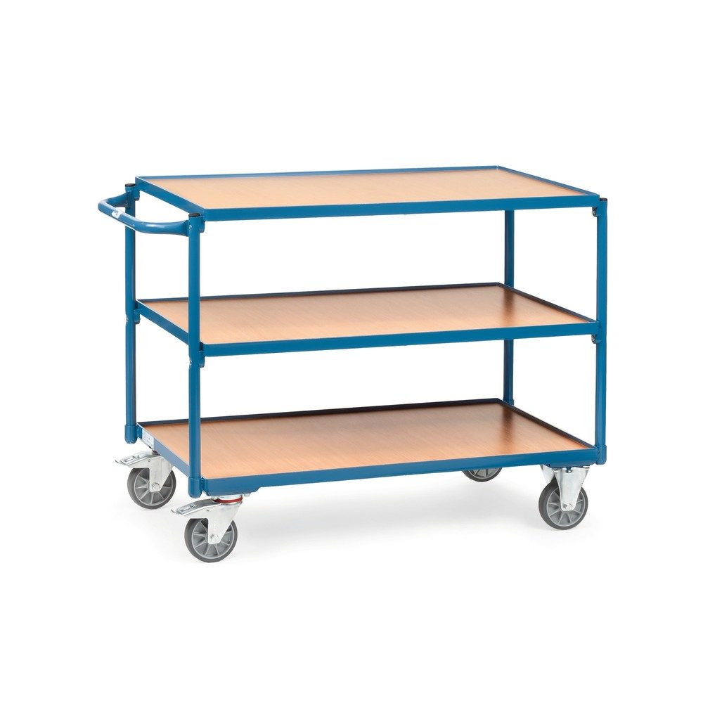 fetra® Tischwagen, TK 300 kg, 3 Etagen à 1.000 x 600 m, waagerechter Schiebebügel, mit Zentralbremse
