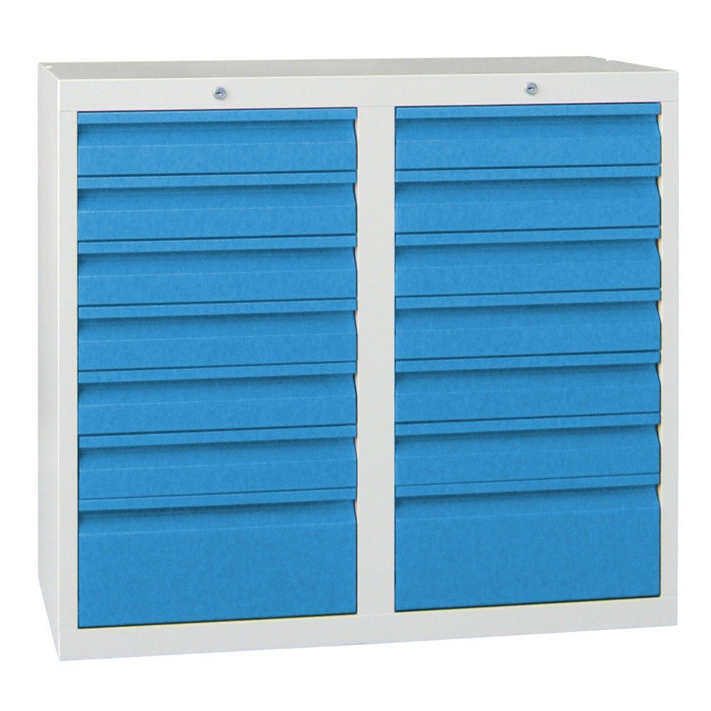 PAVOY Leichter Schubladenschrank, Rollenführung, Schubladen 12x100 + 2x200 mm, Breite 1.000 mm, enzianblau, enzianblau