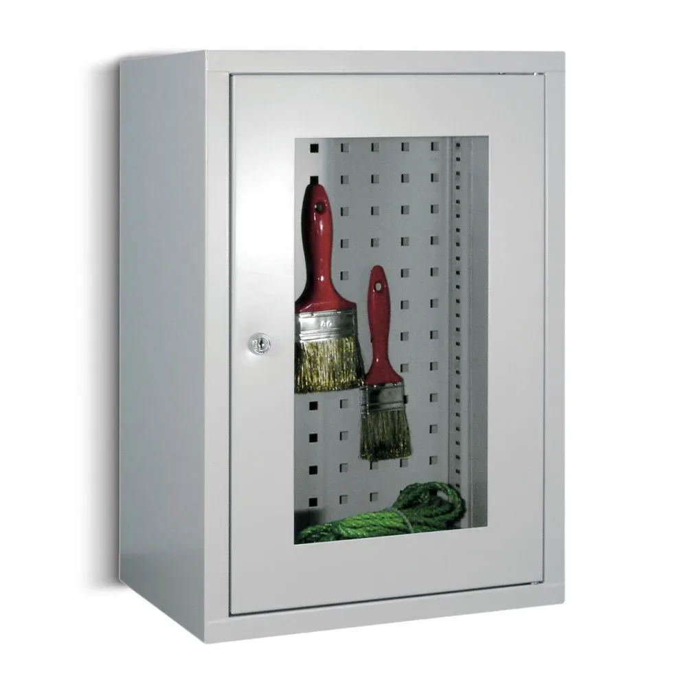 Hängeschrank, Höhe 600 mm, mit Sichtfenstertür/en, Breite 400 mm, gelochte Rückwand, grau / blau Pavoy