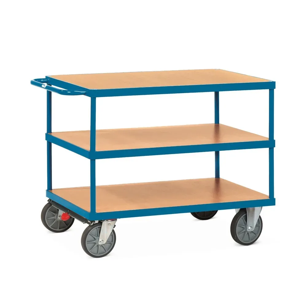 fetra® Schwerer Tisch- und Montagewagen, 3 Etagen à 800 x 1.200 mm, mit Zentralbremse