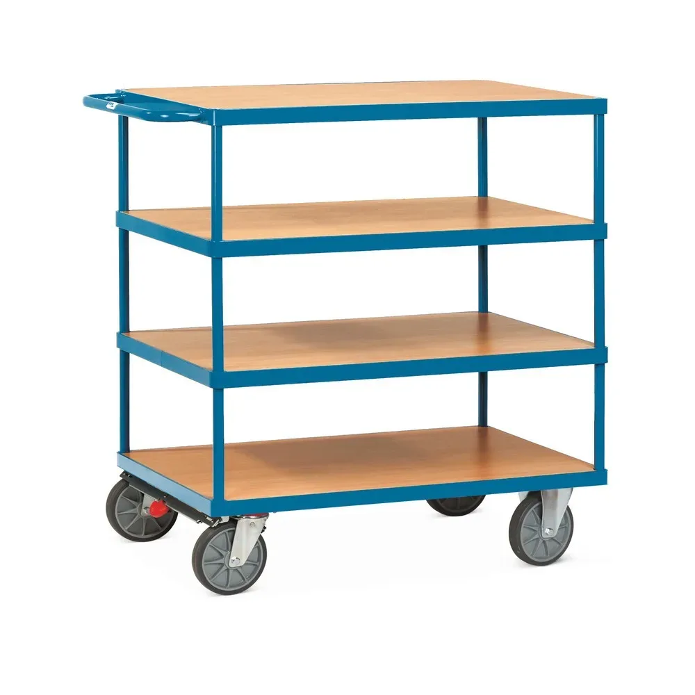 fetra® Schwerer Tisch- und Montagewagen, 4 Etagen à 800 x 1.200 mm, mit Zentralbremse