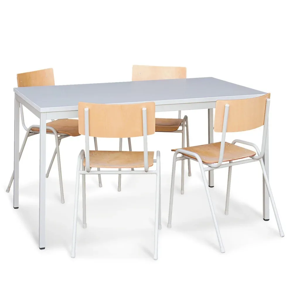 HEMMDAL Sitzgruppe mit Stahlrohrtisch, Tisch BxT 1.600 x 800 mm + 4 Stühle, lichtgrau
