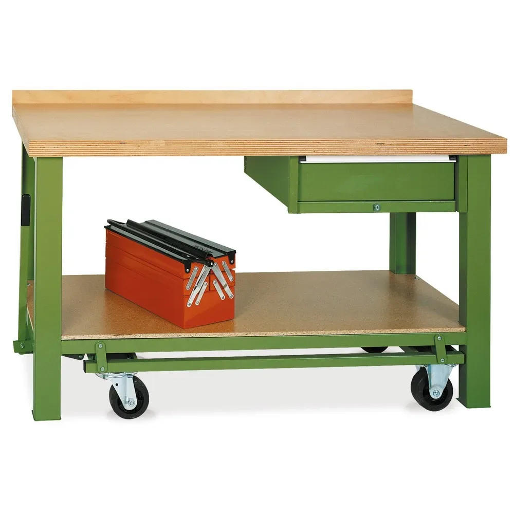 LOKOMA Mobiler Werkbanktisch Premium mit Schublade, TK 850 kg, HxBxT 850 x 1.500 x 700 mm, resedagrün