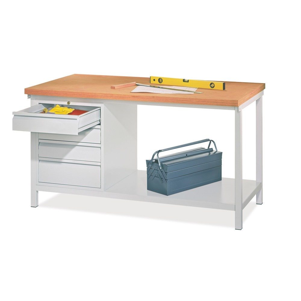 PAVOY Werkbank mit Schubladenblock, HxBxT 900 x 2.000 x 700 mm, lichtgrau, enzianblau
