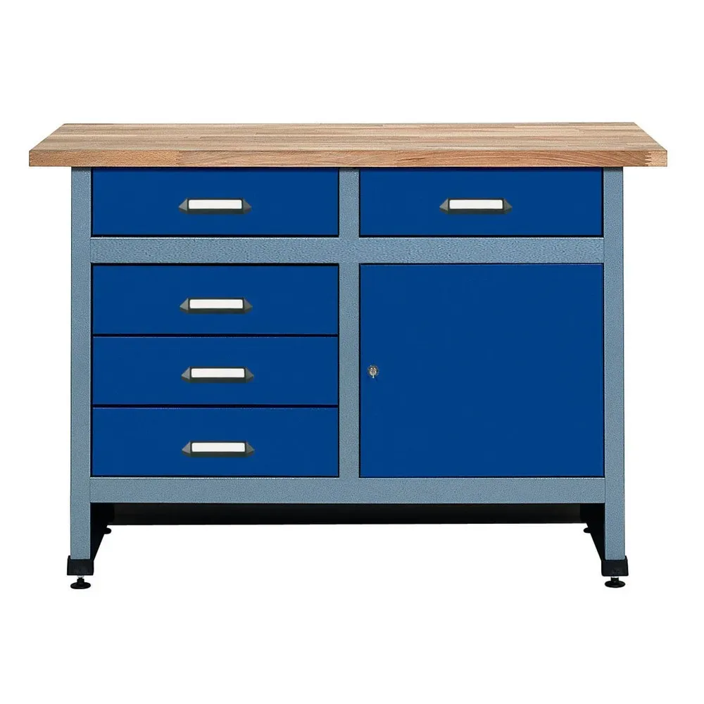 Werkbank mit Schubladenblock + Tür, BxT 1.200 x 600 mm, blau