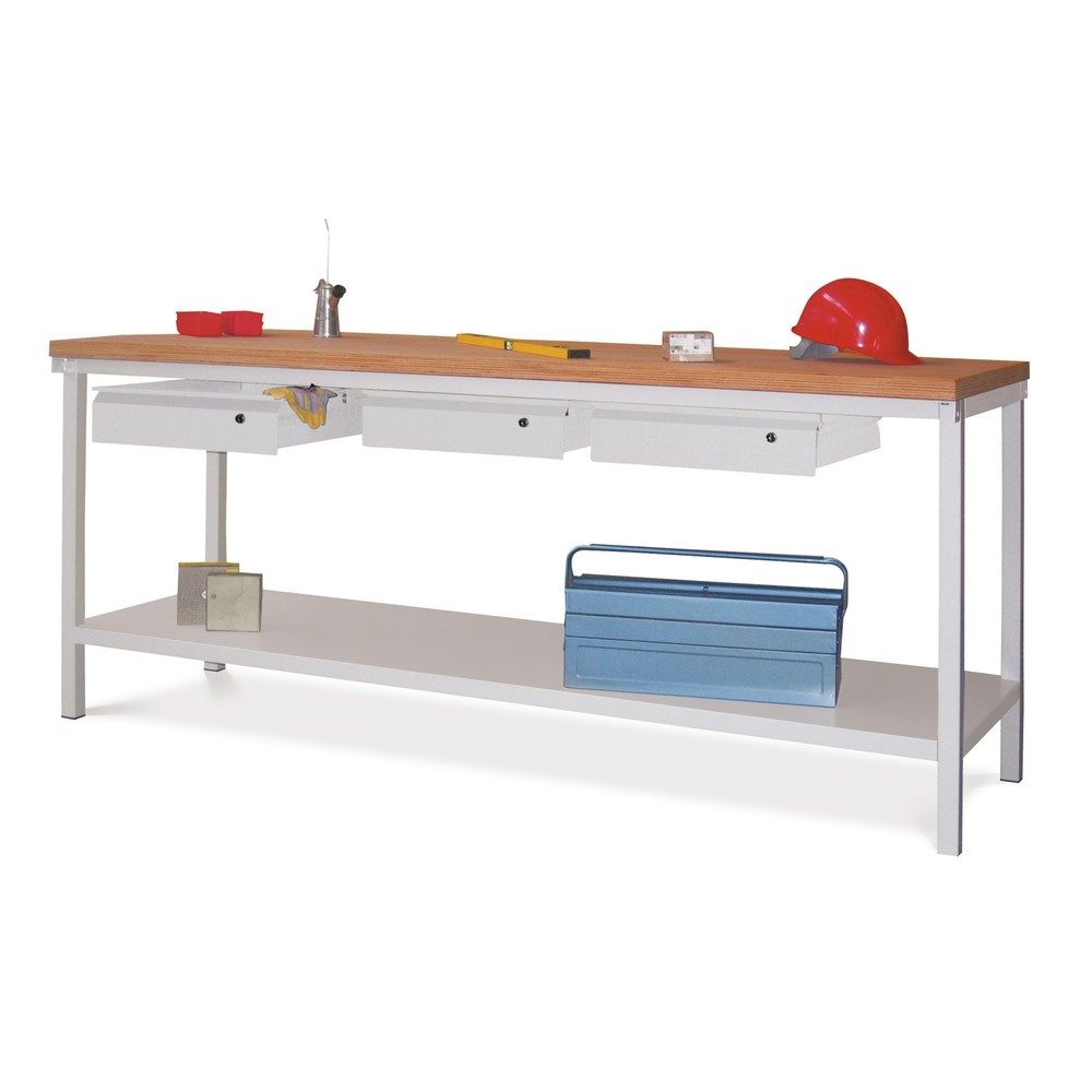 PAVOY Werktisch mit 2 Schubladen + Ablageboden, HxBxT 900 x 2.000 x 700 mm, anthrazitgrau, resedagrün