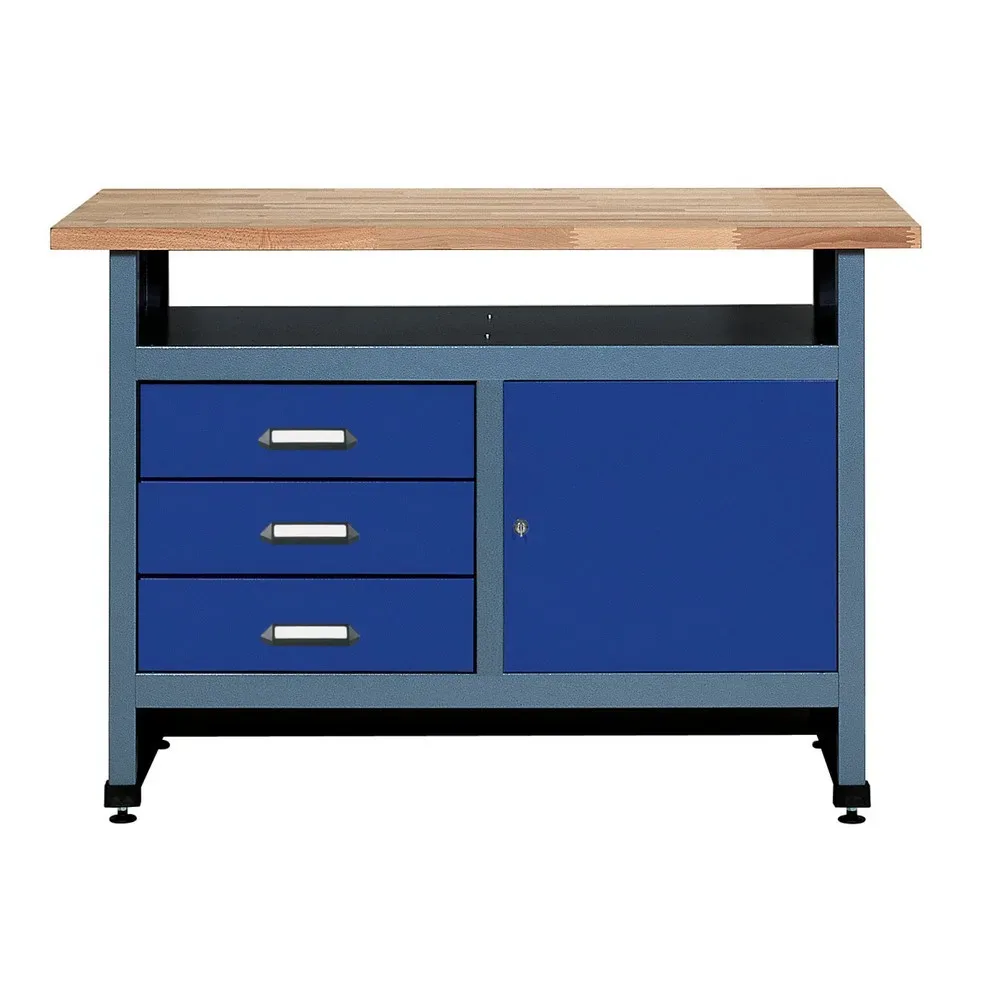 Werkbank mit 3 Schubladen + Tür + Ablagefach, BxT 1.200 x 600 mm, blau
