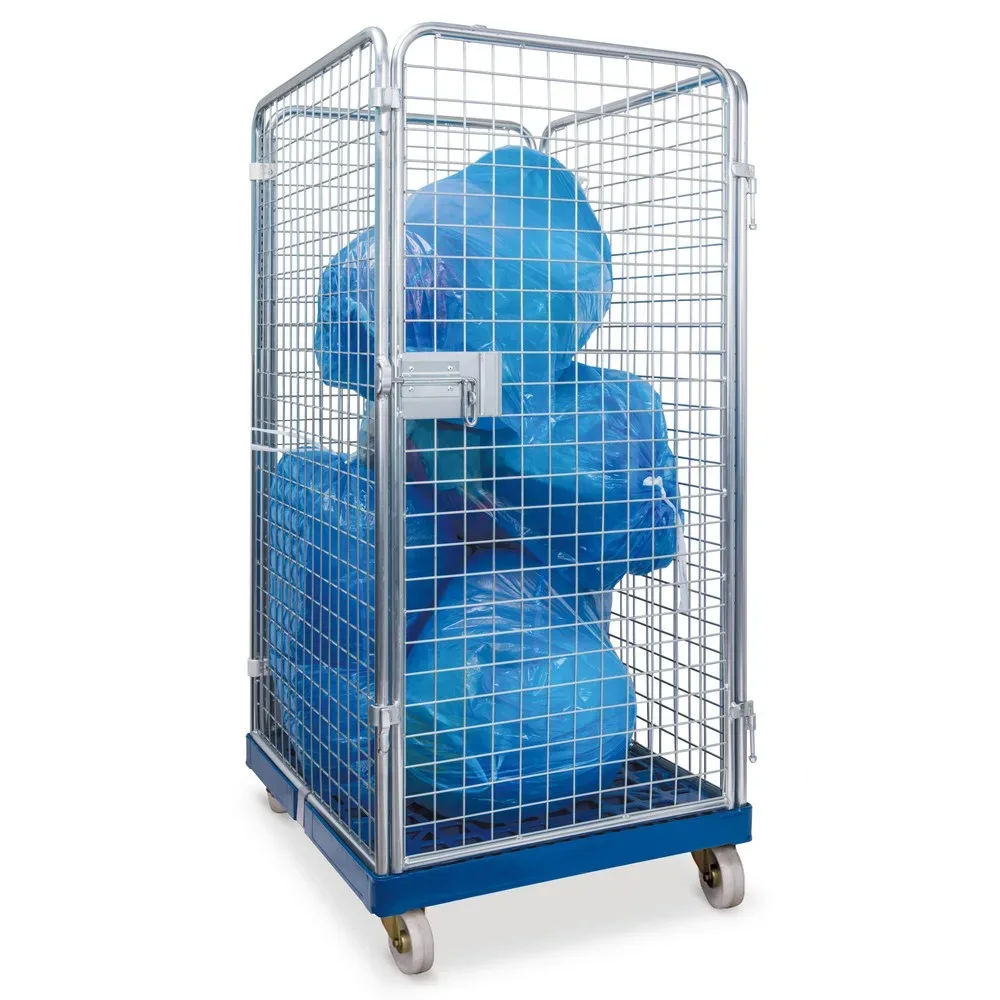 Drahtgitterbehälter 4-seitig, 1020 auf Kunststoffrollbehälter, enzianblau RAL5010