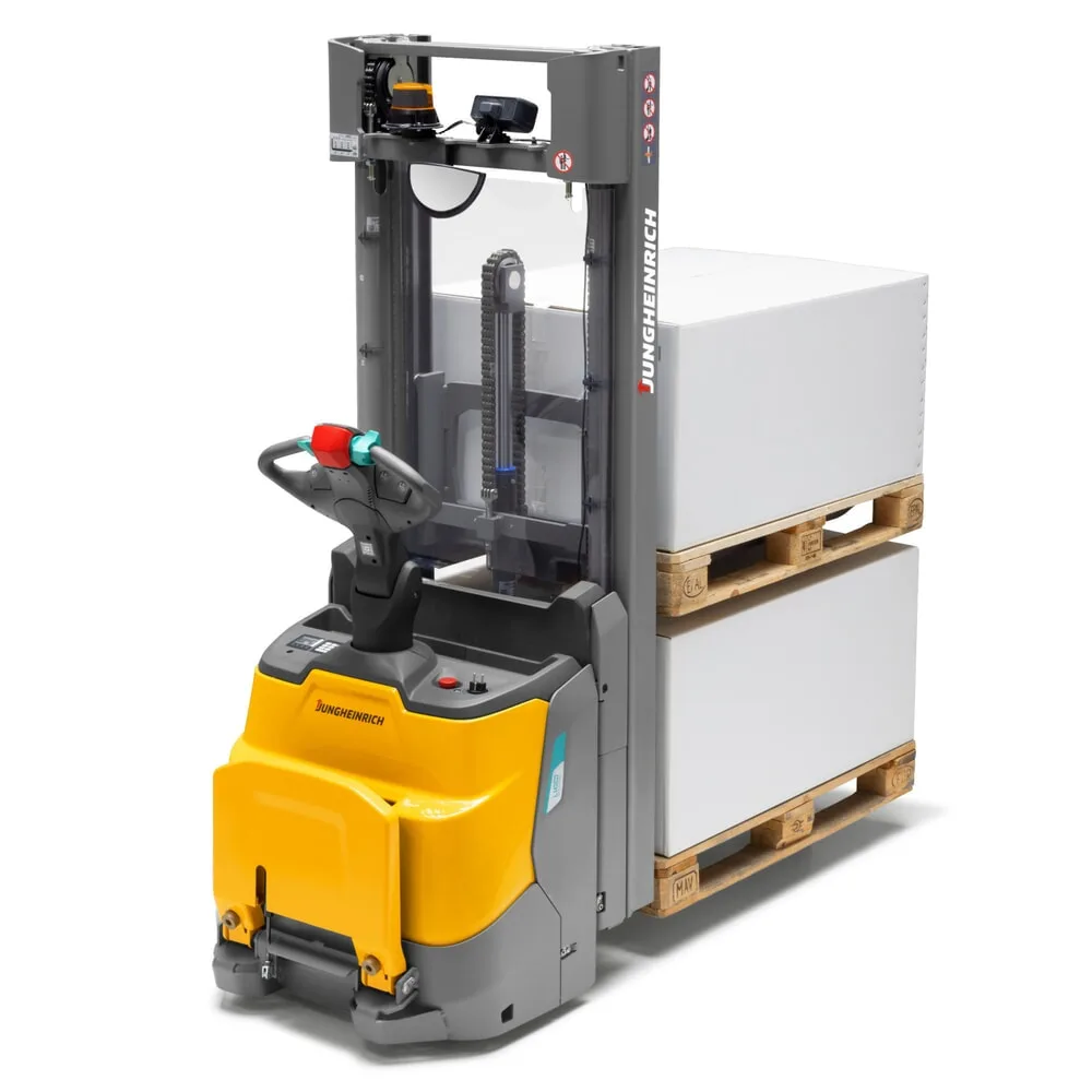 Jungheinrich? Elektro-Hochhubwagen ERC 110zi ZT mit Standplattform, Zweifach-Teleskop-Hubgerüst, Hubhöhe 2.500 mm, Tragfähigkeit 1.000 kg, Proportionalhydraulik, Doppelstockfunktion