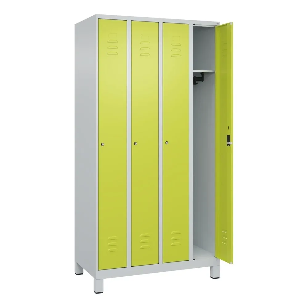 C+P Spind Classic PLUS, Füsse, 4 Abteile, HxBxT 1.950 x 1.000 x 500 mm, lichtgrau, clowngrün, Zylinderschloss, ohne Mitteltrennwand