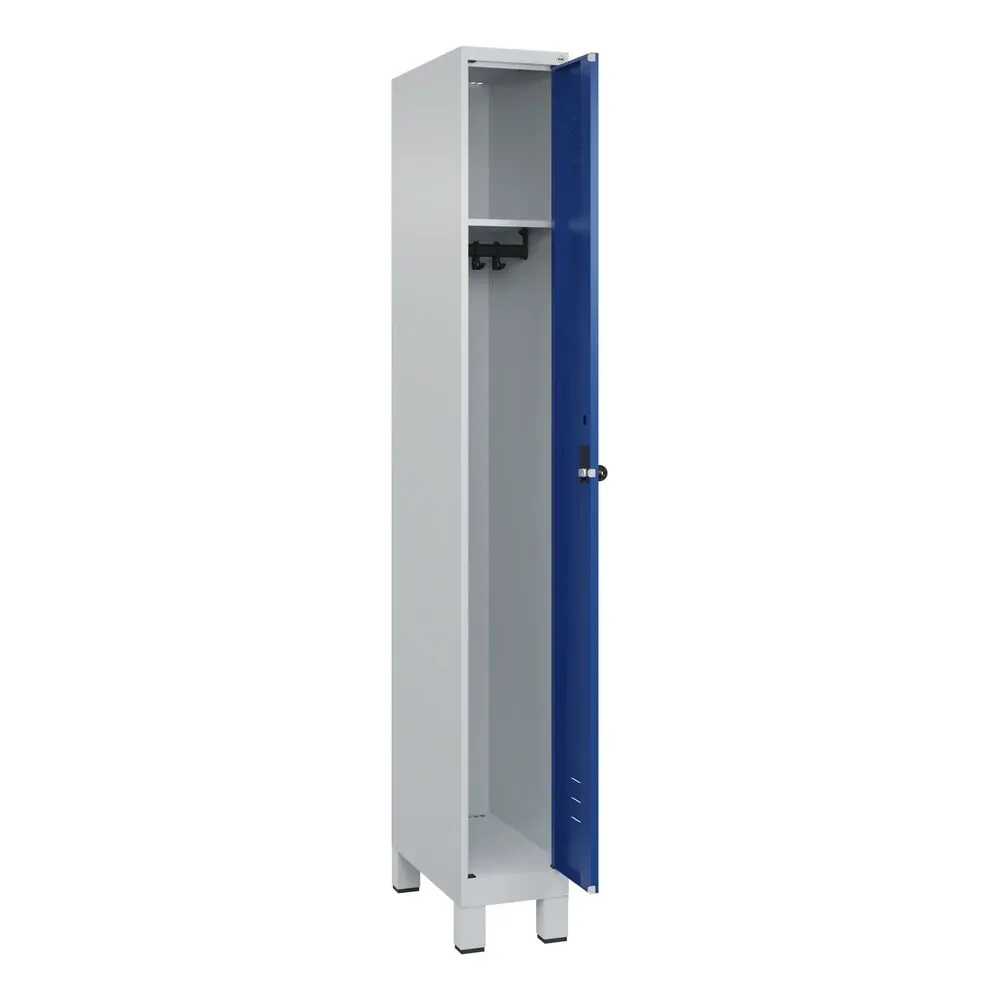 C+P Spind Classic PLUS, Füsse, 1 Abteil, HxBxT 1.950 x 250 x 500 mm, lichtgrau, enzianblau, für Vorhängeschloss, ohne Mitteltrennwand